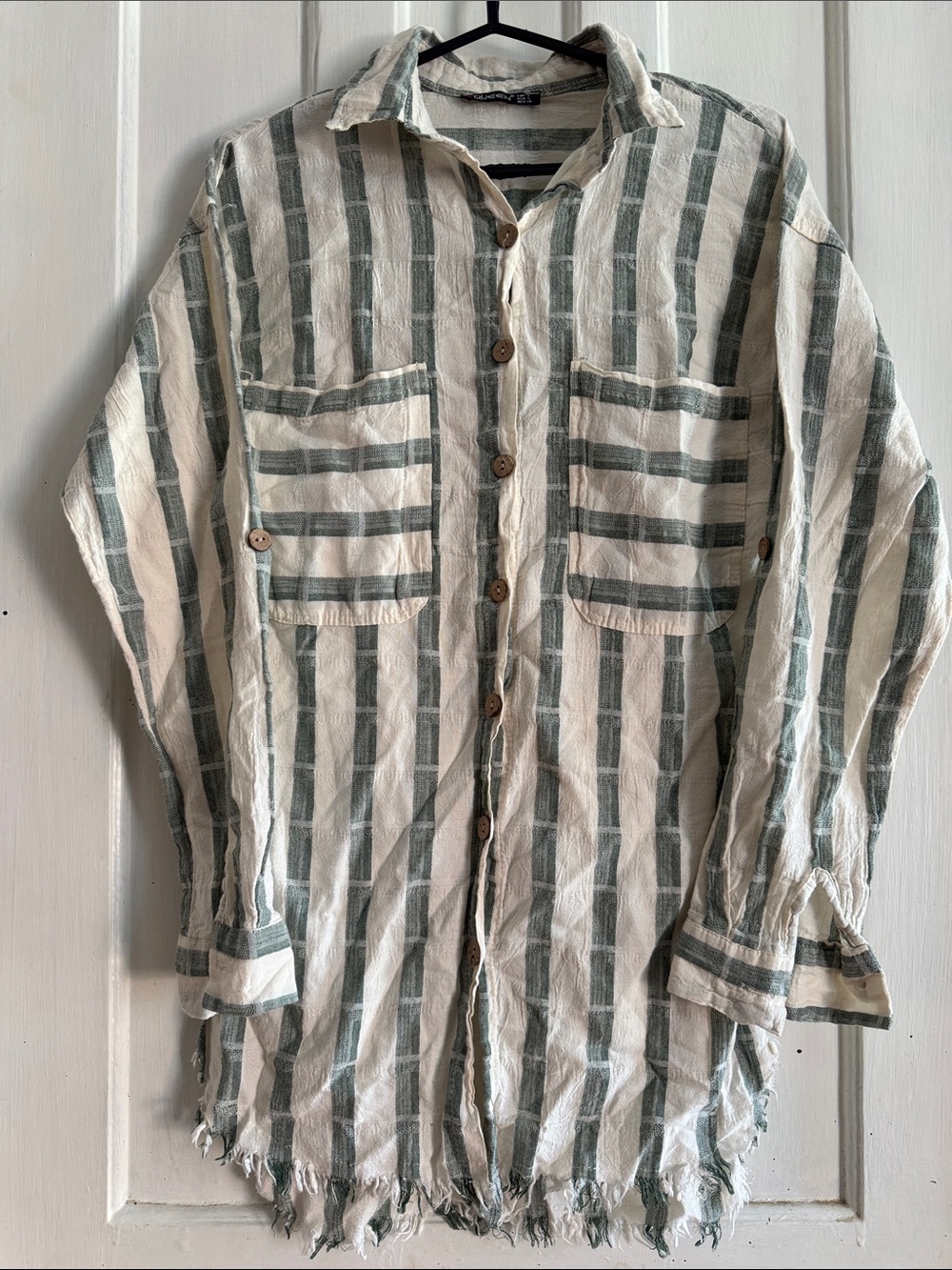 Striped Cotton Button-Front Shirt Jacket in Cream and Green